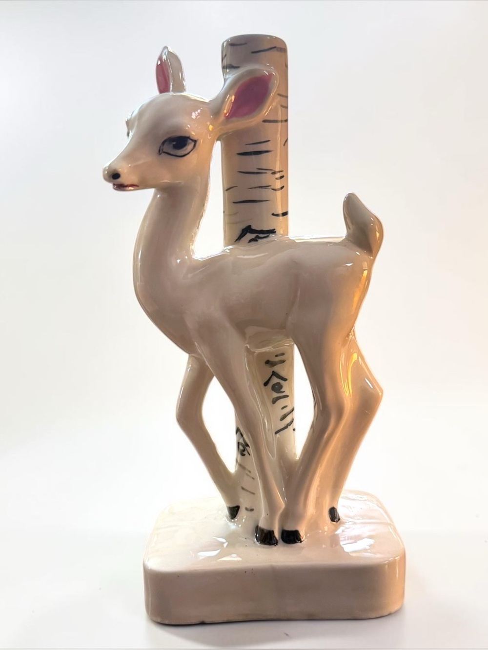 Vintage Mid-Century Modern MCM Ceramic Deer Fawn Kitschy Birch Tree Vase